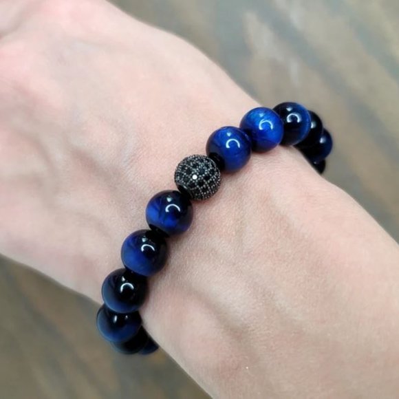 10mm Polished Dark Blue Tiger Eye Crystal Ball Stretch Bracelet - Picture 8 of 11